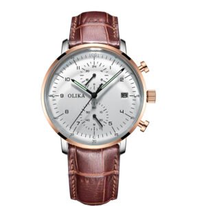 Black leather belt, rose gold case with white face watch